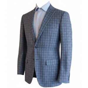 RALPH LAUREN Mens Blazer Sport Coat Two Button Suit Jacket 38R Blue Plaid Linen